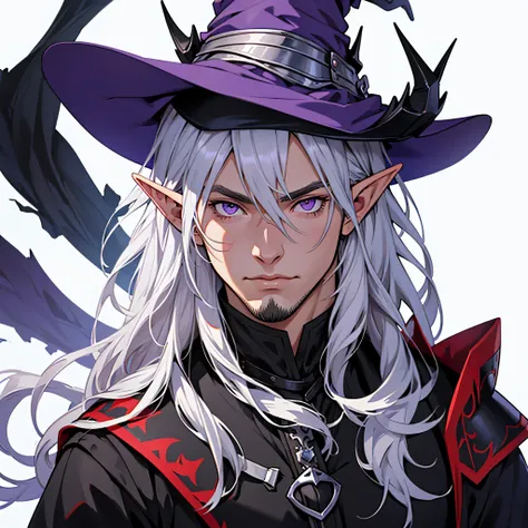 anime, masterpiece, best quality, by professional artist, only 1 person, male, solo, upper body portrait, detailed composition, detailed eyes, detailed hair, white background, silver hair, purple eyes, red and black medieval armor, elf, witch hat, stubble,...