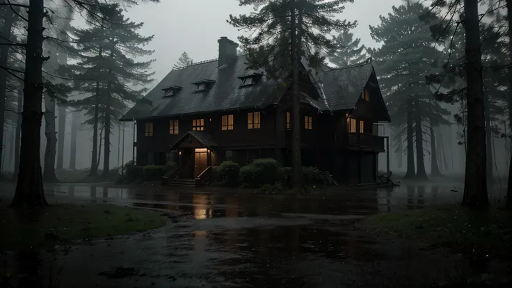 cinematic image of a house in the forest in a very dark environment, noite chuvosa e neblina, legal field, Imagem realista