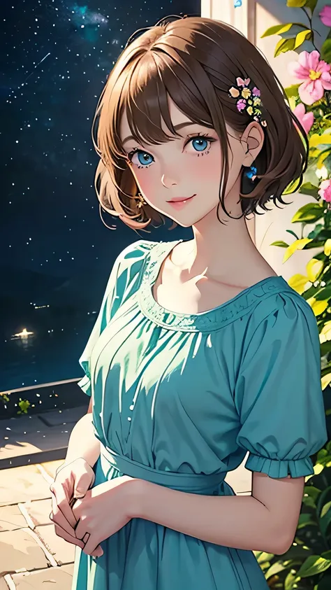 highest quality, pastel painting, Gentle atmosphere, girl 1, cute, smile happily, brown short hair of different colors,,,, Blue-eyed ones, Green-eyed ones, different color dresses, flower hair ornament, Upper body, looking at the viewer, space, meteor, lig...