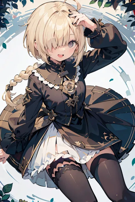 masterpiece, Medieval gardens　black rose　Upper body　girl　skirt　Thighhighs　, 　clear　blonde　((((((hair over one eye)))))), Braid Styles, spiked hair, blunt bangs, bob hair, a braid, Ahoge　red eyes　looking at the viewer,　((smile)), 　((from above)), from side,...