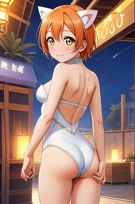 masterpiece, best quality,(hoshizora rin:1.000), cowboy shot,yellow eyes, orange hair, (breasts:0.996), white strapless leotard,cat ears, from behind, (exposed ass cheeks:1.2)