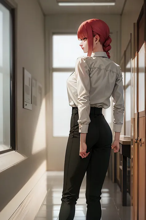 masterpiece, best quality, ultra-detailed, Potrait of beautiful MakimaCSM, solo, shirt, long_sleeves, white_shirt, collared_shirt, pants, from_behind, arms_behind_back, black_pants, formal, suit, arm_behind_back, shirt_tucked_in, facing_away, office_lady, ...