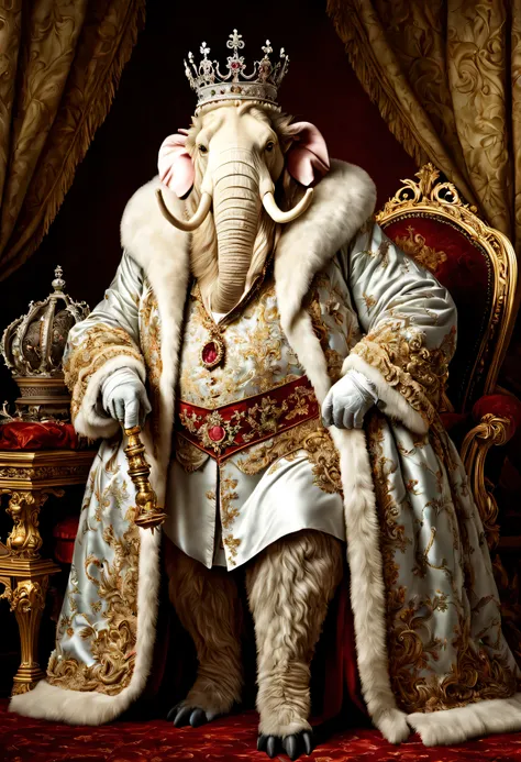 photorealistic portrait of Dressed animals - a ((fat)) white mammoth king, (full body image:1.5), Wearing luxury sack-back gown,(wearing luxury crown),holding scepter, Old-fashioned luxury clothes, detailed and opulent description of a kings aristocratic s...