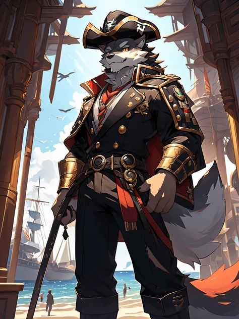 (Furry art, uploaded on e621: 1.4), Werewolf, grey and black fur, intense golden eyes, black pirate hat with peach feathers, red baron jacket with gold buttons and gold shoulders over a black shirt and a white frill tie, crab-like fangs and shell, masterpi...