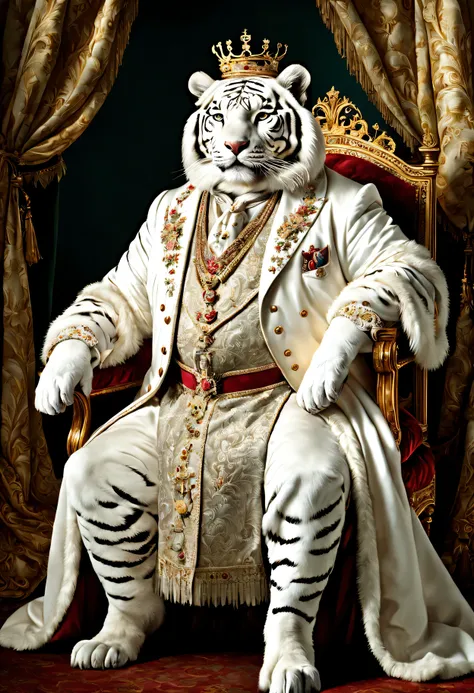 photorealistic portrait of Dressed animals - a ((fat)) white tiger king, (full body image:1.5), Wearing luxury sack-back gown,(wearing luxury crown),holding scepter, Old-fashioned luxury clothes, detailed and opulent description of a kings aristocratic sac...