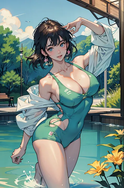 ｟Night Pool｠、chee、in poolside、（Dynamic pose Agidare pose、Body twisting pose、masutepiece, Best Quality, finely detail, hight resolution, in 8K, Perfect dynamic composition, Beautiful detailed eyes, ｟Competitive swimsuit｠,（huge udder:1.3）、 Natural Color Lip,...