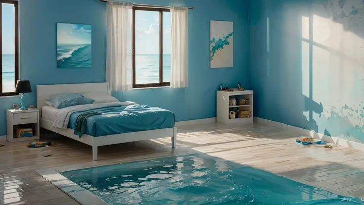 watercolor bedroom_melting_into_the_ocean_0, ultra realist , splash art