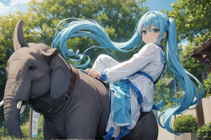 light blue long hair、Beautiful girl with twin tails、A happy smile、I&#39;m at the zoo、riding an elephant