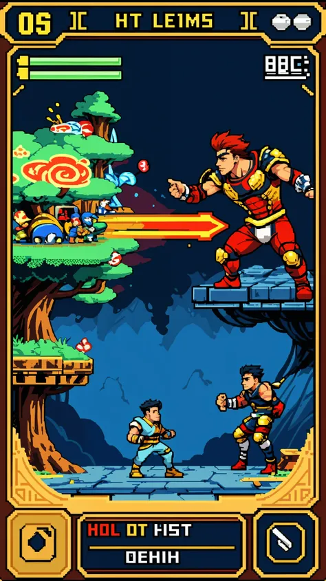 highres, absurdres, perfect anatomy(super handsome 2boys, pair)detailed background, User Interface of Fighting game, dots game, pixel art, dungeon, jumping, punch, kick, full body, sound effects, motion blur, “VS”