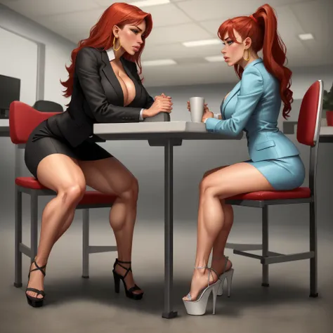 redhead, sexy secretary, muscular legs, muscular calves, strong legs, muscular hips, wide thighs, curvy hips, a full body shot, ...