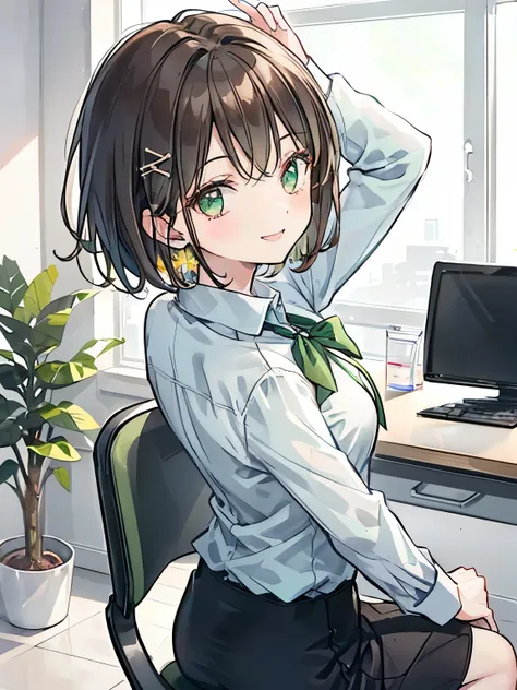 girl,((A place like a company office:1.3)),(brown hair:1.3),(straight short hair:1.2),(light green casual office lady fashion:1.4),(I am sitting on a chair in front of my desk and stretching my back.:1.3),(Smile and look up:1.2),(close up of face:1.1)