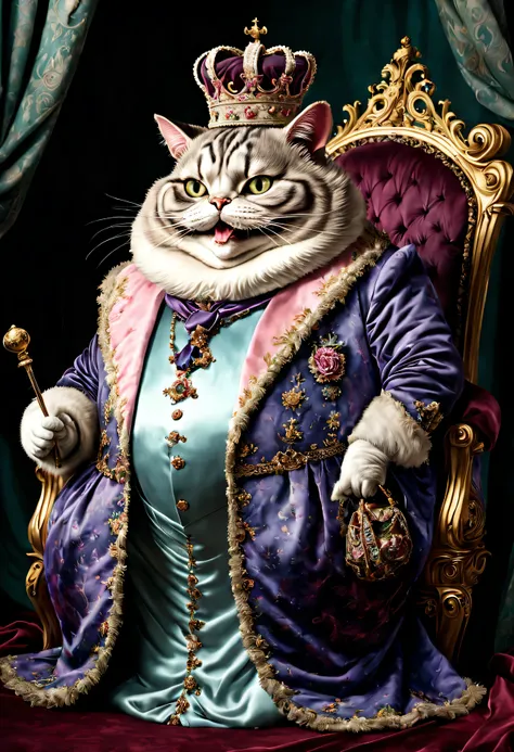 photorealistic portrait of Dressed animals - a ((fat)) Cheshire cat king, (full body image:1.5), Wearing luxury sack-back gown,(wearing luxury crown),holding scepter, Old-fashioned luxury clothes, detailed and opulent description of a kings aristocratic sa...