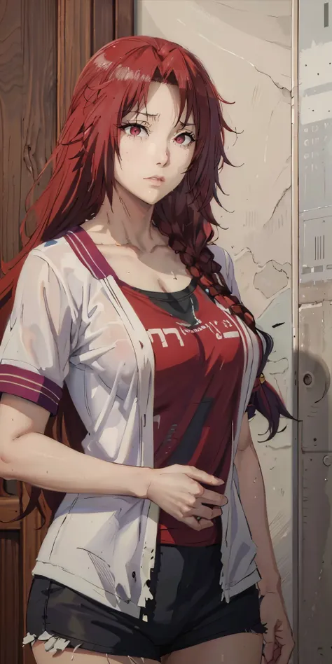 Iris, red hair, long hair, braid, red eyes, heavy breathing, breasts press, towel, solo, shirt, wet, blue_shirt, looking_at_viewer, drying, t-shirt, upper_body, drying_hair, holding_towel, indoors, short_sleeves, expressionless, wet_hair, wet_clothes, towe...