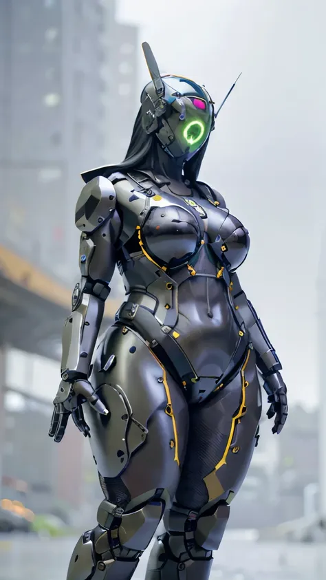 robot,helmet, (beautiful woman) cyber punk、1 girl, chest, covered face、glass visor、mechanical armor、streamlined silver armor、 wi...