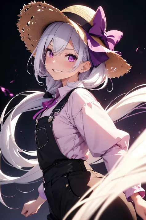 1girl, Anime Girl with White Hair, Ruined Hair, Straw Hat with a Magenta Ribbon, Purple Shirt, Black Overalls with Long Black Pants, Black Shoes, Crazy Expression, Insanity, Smiling, Blushing, Red Cheeks, Living Room Background, Close-up Portrait, Standing...