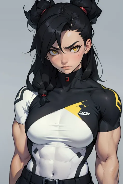 girl muscles busty black hair yellow eyes pale sad