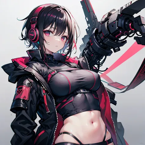 young woman、short hair、red mesh、cyber punk、It&#39;s a bellybutton、black jacket、Red Line、the front is open、headphone type device