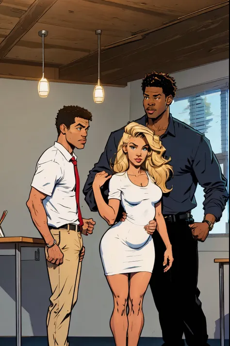 a young couple, a black sportsman and a blonde woman and staying near, young couple staying in class room, a young blonde woman ...