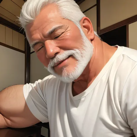 (highest quality:1.5), (masterpiece:1.5), (luxurious Japanese room:1.2), white wall, (Japanese:1.2), solo, hot guy, [white combed back hair:0.9], short white beard, (macho:1.2), 65 years old, white short sleeve t-shirt, (shoot from front:1.2), eyes closed,...