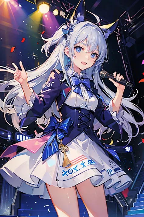 (muste piece), (best quality), very detailed, ((1 girl)), solo focus，Low - Angle，dynamic，jump，((A big smile))，wink，perfect face, beautiful face, very detailedな顔，(white long hair_blue eyes:1.3)，idol costume，solo idol，ribbon hair ornament，concert dome，live，h...