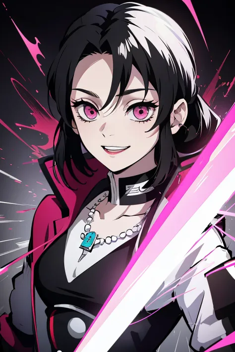 white young woman, ashley graves hairstyle, pink eyes, crazy face, psicho smile, demon slayer uniform, sword, black hair, black ...