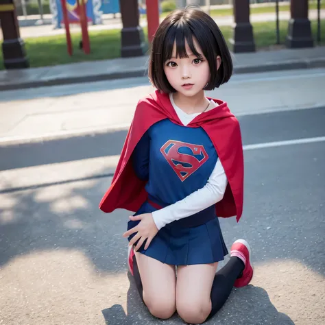 A very elementary school student is wearing Supergirl clothes..、masterpiece、highest quality、Spreading black hair、bob cut with trimmed ends、(flat chest)、lolicon、red cloak、short sleeve、many pink hearts、amusement park background、(whole body)、smile、Pose with b...