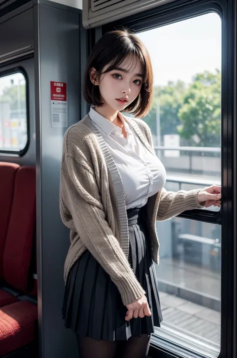 Commuting to school、（Inside the Japanese train:1.8）、（matte gray seat:1.8）、（crowded train:1.8）、（standing holding onto a strap:1.8）、standing,top side angle、(masterpiece, High resolution, Ultra High resolution, 4K) black hair, 14 year old japanese girl, (plea...