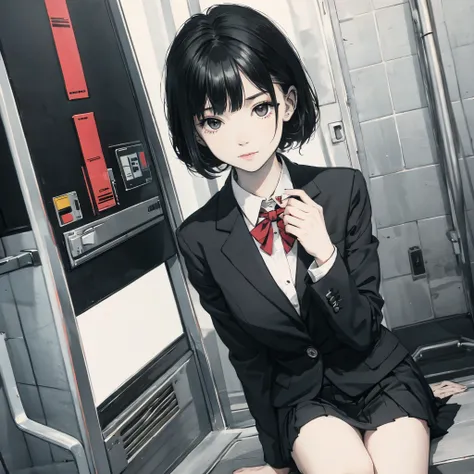 ((solo, 1girl)), face, asian, standing, school uniform, black blazer, black pleated skirt, red bow on collar, bob short hair, bo...