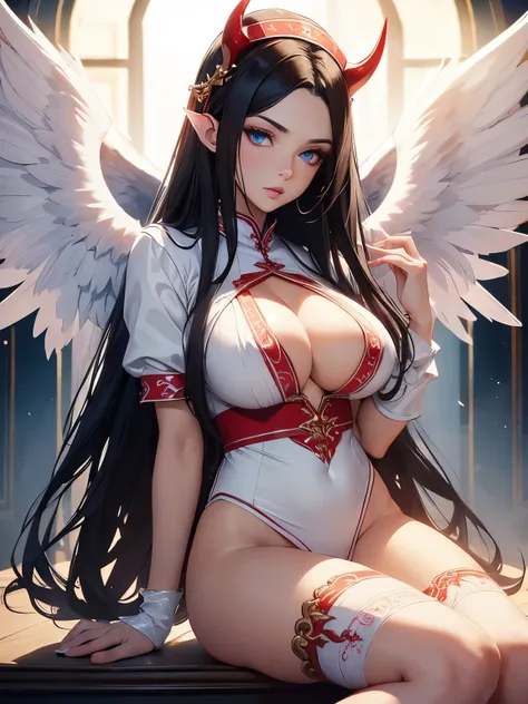 (best quality,4k,8k,highres,masterpiece:1.2),ultra-detailed,detailed face,realistic,BREAK Lotan beautiful caucasian woman with straight long black hair,blue eyes,fair skin,voluptuous,detailed lips and eyes,expressive face,attractive appearance,dragon horns...