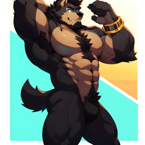 ((cel-shading, portrait, side view, bright beach background, light color palette, global lighting)), 1boy, abs, bara, bare shoulders, (black hair, body hair, copious luxuriant bushy far-reaching black chest hair, bushy black fur all over chest, hairier che...