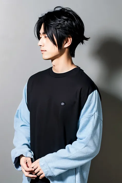 Japanese man, wearing casual clothes, back view, black hair, anime