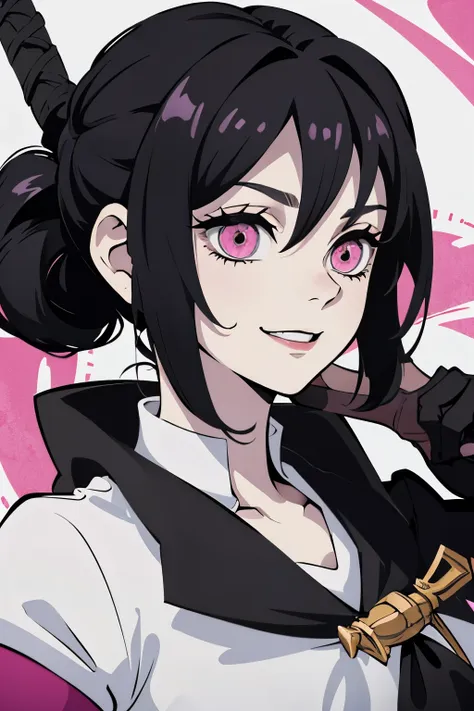 white young woman, ashley graves hairstyle, pink eyes, crazy face, psicho smile, demon slayer uniform, sword, black hair, black ...