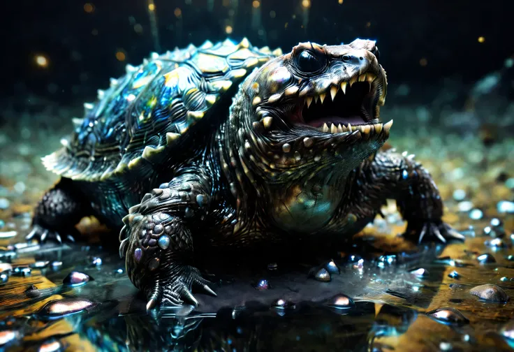 render of angry snapping-turtle with shell studded in crystals, open-mouth, quarter-angle portrait of a iridescent-snapping turt...