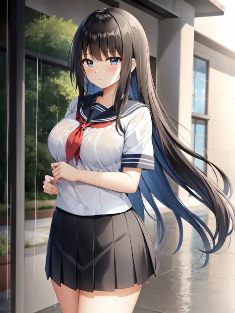 8k, (master piece, best quality, high resolution), cowboy shot, (no hat:1.3), BREAK a girl, beautiful breasts, Blue eyes, ((jitome, frown)), BREAK (wet hair, long hair, black hair), BREAK (wet clothes, short sleeve sailor suit, separated uniforms), BREAK (...