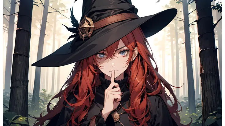 woman with red hair, brown eyes, witch hat, with an expression of fear, surprise, tension, dread, background of burnt trees, witch girl, perfect face, perfect eyes, detailed eyes
