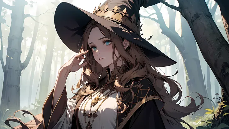 A beautiful woman with green eyes and brown hair, witch hat,  Ella es una hechicera bruja, wearing white and gold robes, Noble robes, Una princesa de magia y una mirada miedo;, ((Enrojecida)) Fondo del bosque, Por la noche, Un bosque horrible, trees with b...