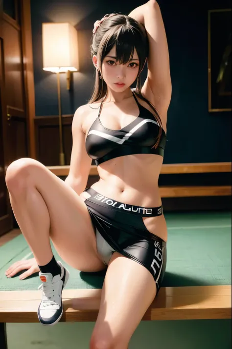 An arafe woman wearing a sports uniform sitting on a bench, sporty physique, attractive sporty physique, mayuri shiina, Young and cute gravure idol, Young skinny gravure idol, Chun-Li at the gym, Young sensual gravure idol, young gravure idol, realistic yo...