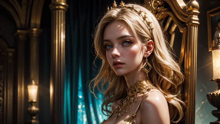 (1 beautiful woman sitting on a throne, black throne with gold details, gold swimwear, platinum golden hair, super white skin, calm colors, glass earrings, (medieval world), (Surrealism, depth of field, cinematic lighting, ray tracing, 135mm, close-up, dra...