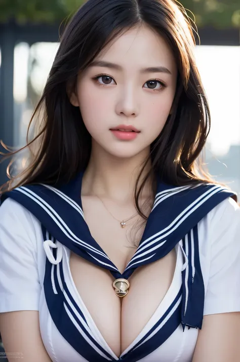 1 girl, (highest quality:1.4), (super detailed), (Highly detailed beautiful face), wonderful face and eyes, black eye, black hair, (sailor suit, school uniform:1.2), (cleavage), Smooth, Highly detailed CG integrated 8k wallpaper, High resolution raw color ...