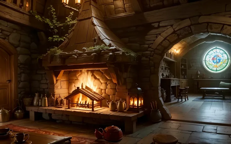 large fireplace at hobbit wooden house. A room full of objects, a table with goods, kettle and coffe cup, a bookshel aside the fireplace, and at the end, a pretty stained glass, a room of detailed objects (DO IT BETTER, MORE DETAILED)