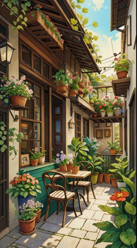 jzcg021,flower store,coffee spot,a table,chairs,no one,windows,flowers,vegetation,flower pot,watercolor (medium),landscapes,gate...