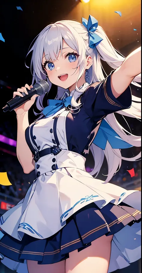 (pieces fly), (highest quality), very detailed, ((1 girl)), focus only，Low - Angle，dynamic，jump，((big smile))，wink，perfect face, beautiful face, very detailedな顔，(white long hair_blue eyes:1.3)，idol costume，the only idol，Ribbon hair ornament，concert dome，li...