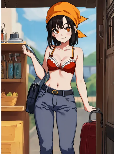 Obra maestra, La mejor calidad, highest qualityr, fotorrealista, Perfect anatomy, Cara perfecta, ojos perfectos, bandana naranja, pandballgt, 1girl, ojos negros, cabello negro, pelo corto, orange bikini, pants, Guantes sin dedos, ((Camisa roja)), Recortar ...