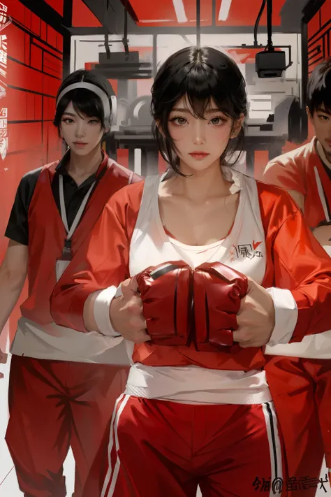 black hair，chinese woman，Face the camera and wave your fist，Red boxing gloves，red pants，White sports vest，The lens was shattered