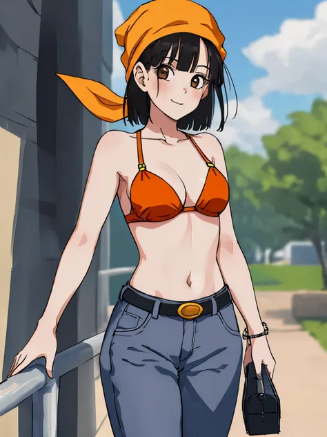 Obra maestra, La mejor calidad, highest qualityr, fotorrealista, Perfect anatomy, Cara perfecta, ojos perfectos, bandana naranja, pandballgt, 1girl, ojos negros, cabello negro, pelo corto, orange bikini, pants, Guantes sin dedos,, Recortar arriba, al aire ...