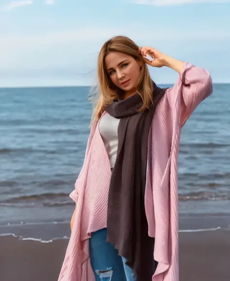 a woman standing on the beach wearing a pink cardigan, sofya emelenko, style of julia razumova, long flowing cape and cowl, pink and grey muted colors, dressed with long fluent clothes, loose - fitting blouses, wearing a scarf, dasha taran, scarf, anastasi...