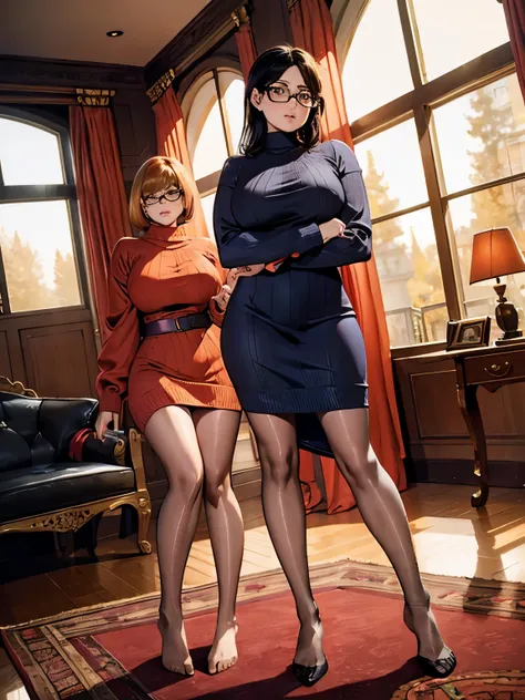 show entire body, feet in view, velma and daphne, sweater dresses, both wearing pantyhose, no shoes, luxurious house, huge windo...