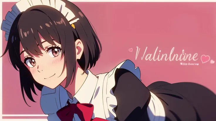 shinkai makoto, kimi no na wa., 1girl, bangs, black hair, blush, bright eyes, brown eyes, bow, ribbon, short hair, smile, cute, beautiful, shiny skin, looking at viewer, solo, maid clothes, maid headdress, short dress, frills, hair ornament, Off-the-should...