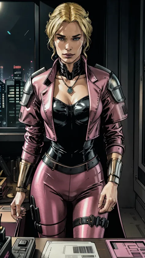 cyberpunk, Lena Headey as Cersei Lannister, cyberpunk blonde hair, make-up, cyberpunk pink office suit, cyberpunk pantyhose, earrings, rings, necklace, standing in the cyberpunk luxury office, boss, bossy, 1woman, solo, beautiful detailed glow, detailed, c...