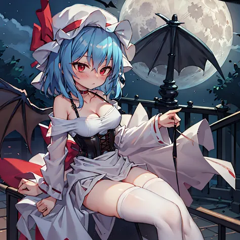 (Remilia toho character), (solo:1.2), (standing on the deck of mansion:1.1), a full moon, midnight, BREAK, short hair, collarbone, (very perky large breasts), (emphasize cleavage:1.2), (inconceivably thin waist:1.3), (very short thin torso:1.2), very long ...